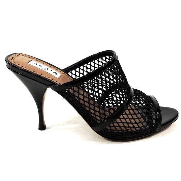 ALAIA 🇮🇹 WOMEN'S BLACK LEATHER AND FABRIC FASHION COMFORT MULES - Picture 4 of 9